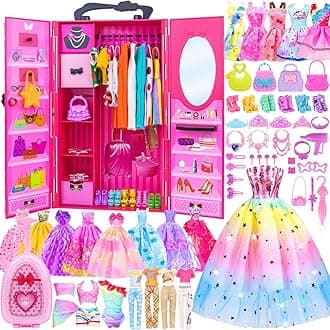 11.5 Inch Girl Doll Closet Wardrobe with Clothes and Accessories Set 101 Pcs Including Wardrobe Suitcase Clothes Dresses Swimsuits Shoes Hangers Necklace Bags and Other Stuff