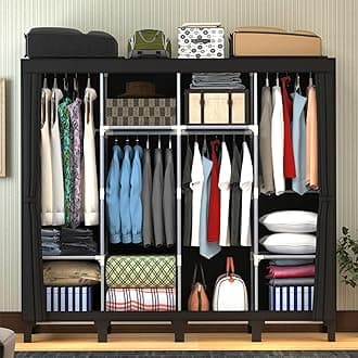 LOEFME Canvas Wardrobe, Four-column Portable Wardrobes for Bedroom, 165 * 45 * 175 cm New Base Design Fabric Wardrobe, 16 * 0.22mm Steel Tube Storage Space Foldable wardrobe, Black