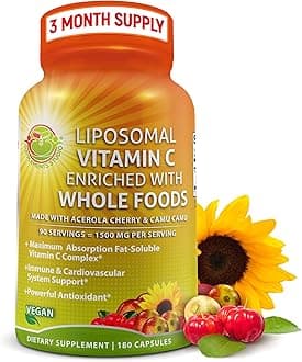 Liposomal Vitamin C Capsules - 1500mg - Made with Organic Acerola Cherries & Camu Camu, High Potency Vitamin C Liposomal - Immune Support Supplement, Enhanced Absorption & Bioavailability - 180 Count