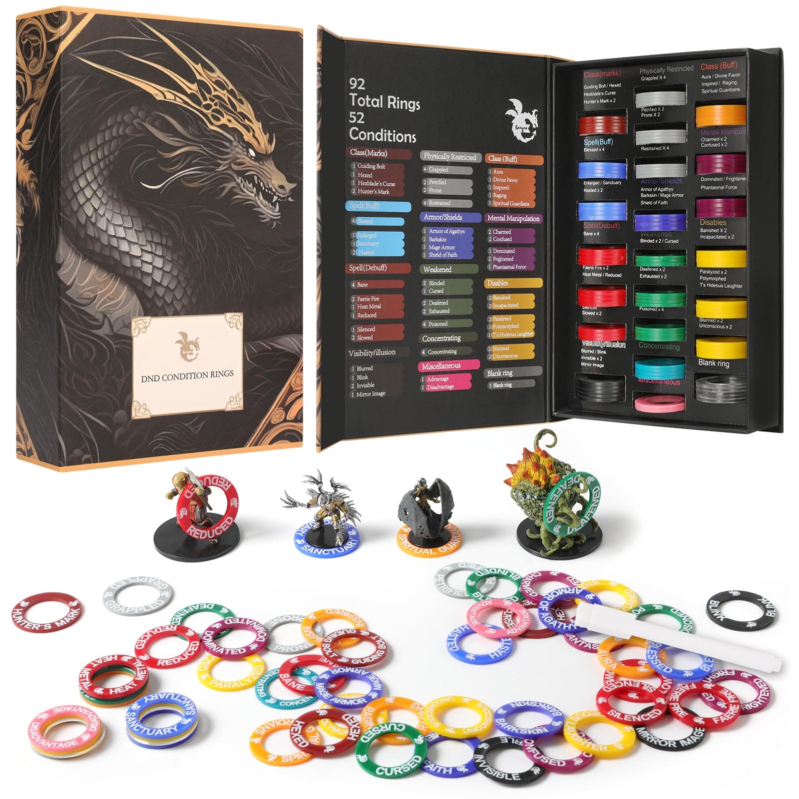 Grajar 52 Unique DND Miniatures Condition Rings, 92 PCS Status Effects Markers - Including 5 Customizable Blank Rings, Ideal for Dungeons and Dragons & 5th Edition, Best DND Gifts for DM