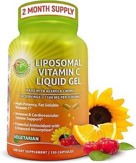 Liposomal Vitamin C Liquid Gel Capsules - 1100mg - Made with Organic Acerola Cherries, High Potency Vitamin C Liposomal Immune Support Supplement with Enhanced Absorption & Bioavailability - 120 count