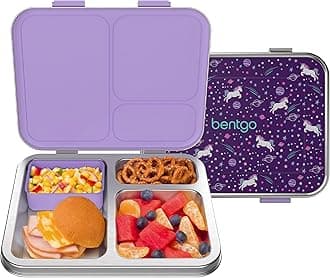 Bentgo® Kids Stainless Steel Prints Leak-Resistant Lunch Box - New Improved 2022 Bento-Style with Updated Latches, 3 Compartments & Bonus Container - Eco-Friendly, Dishwasher Safe, BPA-Free (Unicorn)