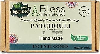 Bless International Patchouli 100%-Natural-Incense-Cones Handmade-Hand-Dipped Organic-Chemicals-Free for-Purification-Relaxation-Positivity-Yoga-Meditation The-Best-scents (10 Count )