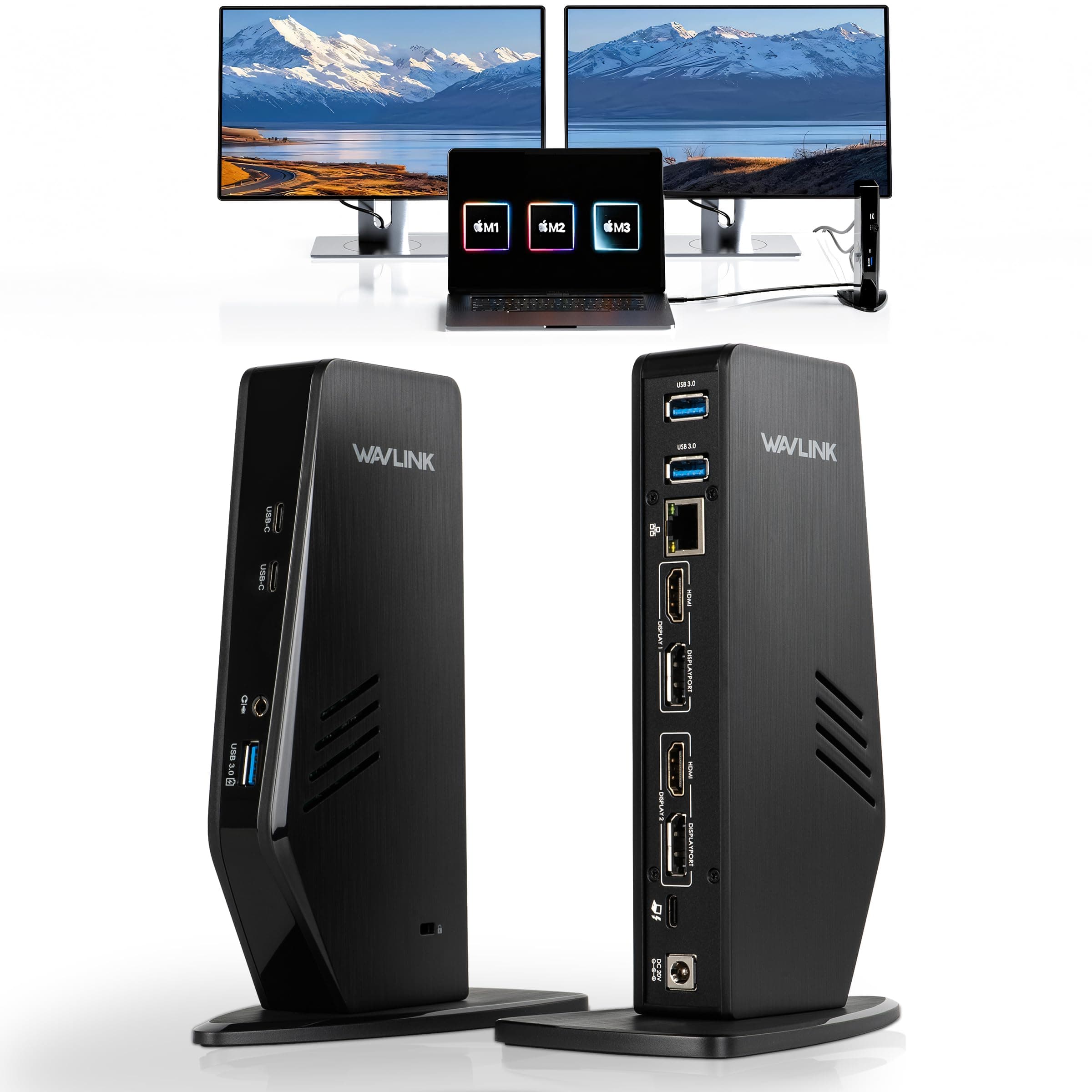 - WAVLINK USB 3.0 and USB-C Universal Laptop Docking Station with 65W, Dual Monitor Docking Station for Windows or Mac, 4K HDMI (2 HDMI,2 Display Ports,3 USB-A, 2 USB-C, Ethernet, Audio&Mic)