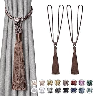 Pretty Jolly 2 Pack Long Tassel Curtain Tiebacks Handmade Braided Rope Knot Drape Tie Backs European Style Decorative Curtain Holdbacks for Home & Office Window Drapery (Deep Coffee)