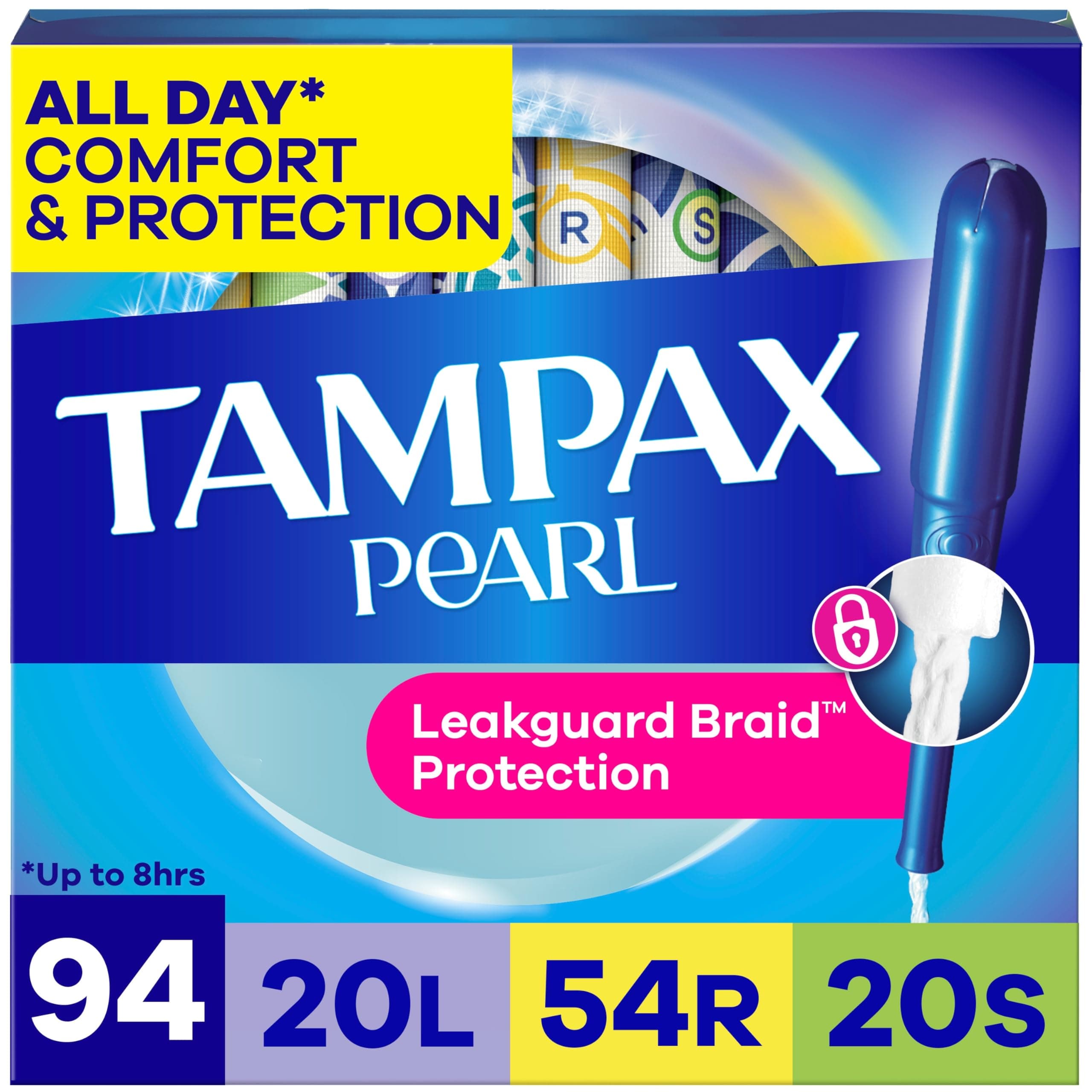 Pearl Tampons Multipack, Light/Regular/Super Absorbency, with Leakguard Braid, Unscented, 94 Count