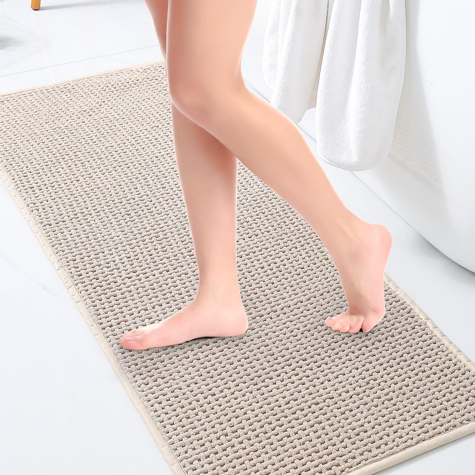 Narrow Bath Mat, Beige Bath Mat Runner Long Bathroom Runner Rug Washable Extra Large Bathroom Rugs Non Slip 20x47 Inch Bit Bath Mat Runner for Bathroom Floor Oversized Long Skinny Bath Mat Tan Bathmat