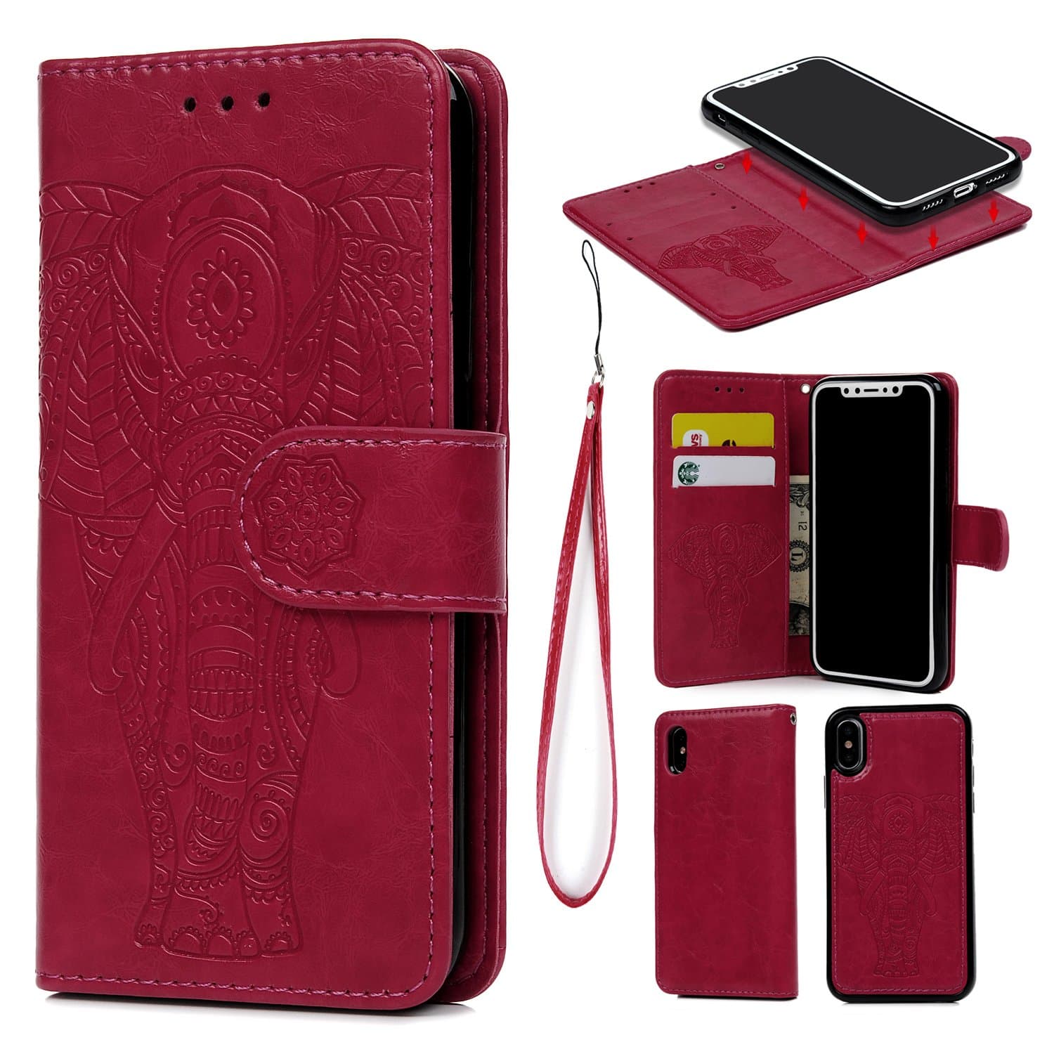 Compatible with iPhone X Case, iPhone Xs Wallet Case Premium PU Leather Oil Wax Embossed Elephant Detachable Magnetic Cover Credit Card Cash Slots Cover for iPhone X/XS (Hot Pink)