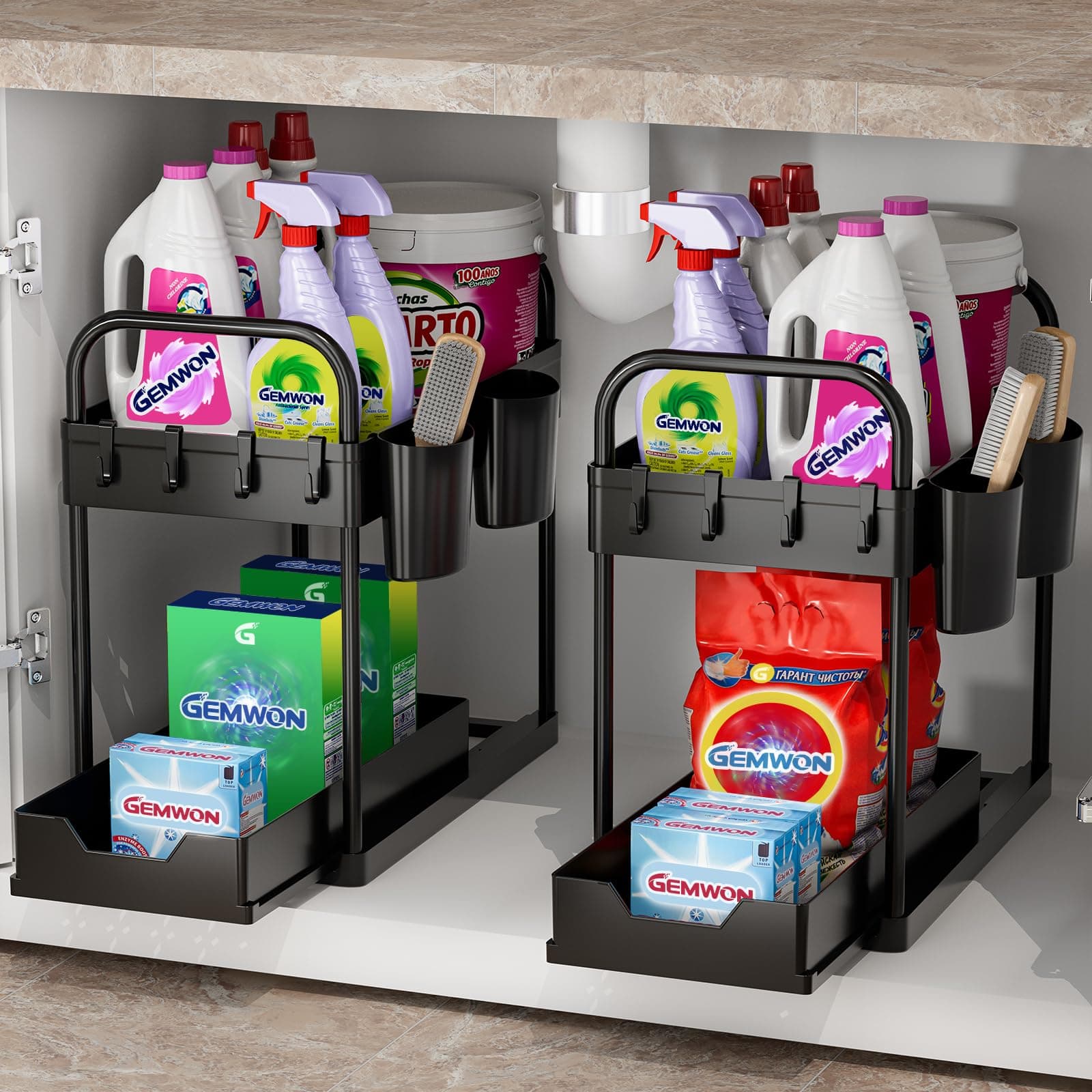 GEMWON Under Sink Storage Kitchen Organiser, 2 Tier Sliding Kitchen Storage Under Sink shelf, Multi-Purpose Organisation for Bathroom, Bottom Slide Out Basket Black 2Piece