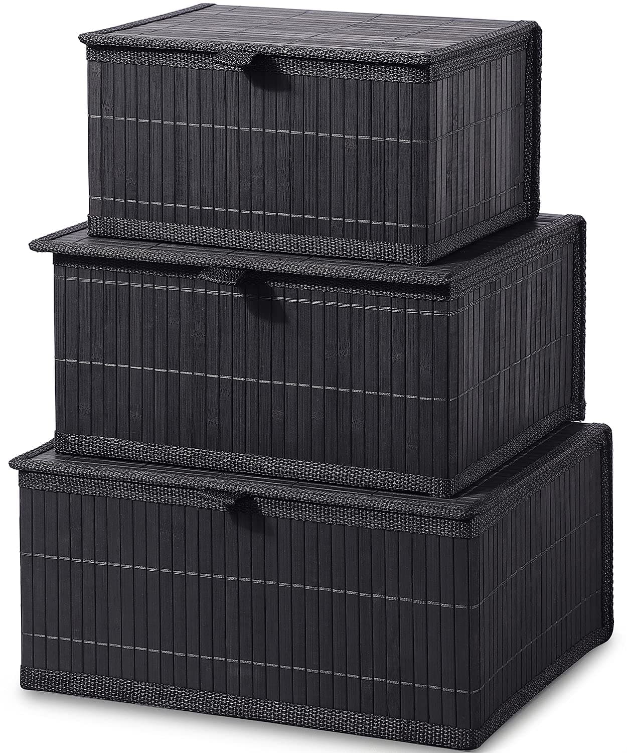 Honygebia Bamboo Decorative Storage Boxes - Set of 3 Woven Lined Storage Basket with Lids, Black Wicker Lidded Baskets for Home Kitchen Shelf Organizer Decor
