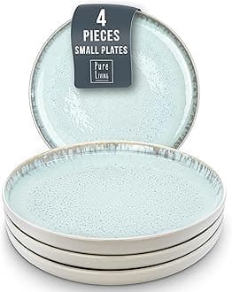 PURE LIVING INTERIOR DESIGN Small Dinner Plates Set of 4, 7.5" Stoneware Plates, Stylish Salad Plates, Dessert Plates Ceramic, Dishwasher and Microwave Safe Ibiza Light Beige Blue Ceramic Plates