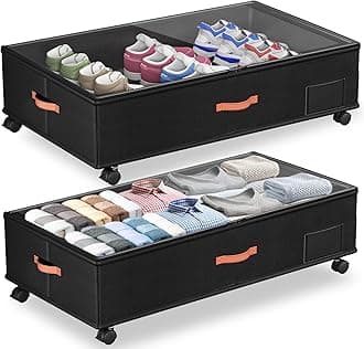 Under Bed Storage with Wheels,2-Pack Under Bed Storage Containers with Clear Lids,XXL 66L Large Capacity Bedding Clothes Organizer Bins With Handles,Space Saving Design for Clothes,Shoes,Books-Black