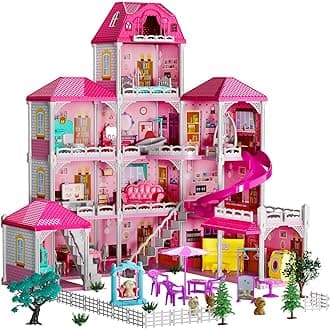 TEMI Villa Toys for 3 4 5 6 7 8 Years Old Girls - 4 Storeys 12 Rooms, Indoor Playset with 2 Dolls Toy Figures, Toys Furniture and Accessories, Pretend Girls Plays, Building