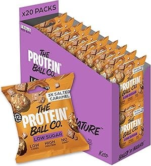 The Protein Ball Co Salted Caramel Low Sugar Protein Balls - Keto Friendly Snacks, Gluten-Free, Low Carb, Low Calorie Snacks - Healthy Energy Balls, Box of 20 Bags