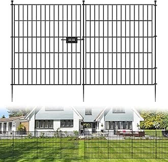 5 Panels No Dig Decorative Outdoor Garden Fence with Gate for Yard, 32 in(H) X 11.8 ft(L) Animal Barrier Fencing Rustproof Metal Wire Panel Border for Dog, Rabbits, and Patio Temporary Ground Stakes