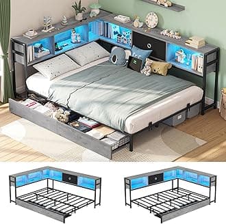 Full Corner Bed Frame with Storage Drawers and Bookcase Headboard, Full Size Metal Platform Corner Bed Frame with Charging Station and LED Lights, Full Daybed for Kids Teens Guests, Oak Gray