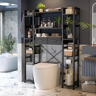 Over The Toilet Storage with 2 Drawers - 11 Tier Bathroom Organizer Freestanding Space Saver Storage Rack with Adjustable Shelf Above Toilet Stand with 4 Hooks for Restroom, Laundry, Black