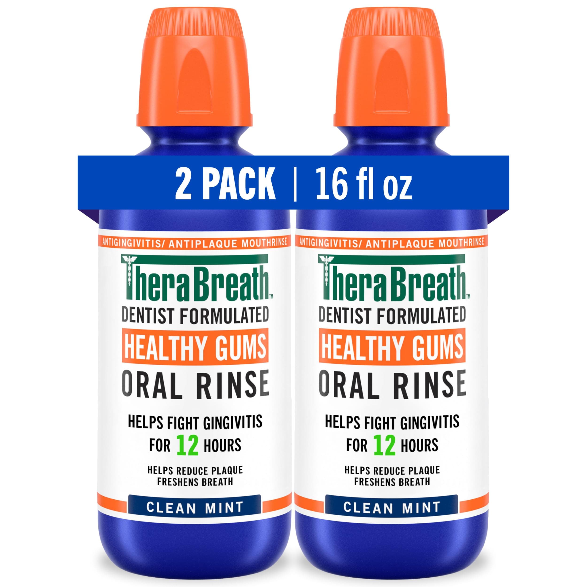 TheraBreath Healthy Gums Oral Rinse, Antigingivitis, Clean Mint Flavor, Dentist Formulated to Help Prevent Gingivitis and Support Gum Health, Alcohol Free, 16 Fl Oz (Pack of 2)