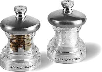 Cole & Mason Button Salt and Pepper Mill Set, Adjustable Precision+ Mechanism, Small 65mm Salt and Pepper Grinder Set Ideal for Picnics, Stainless Steel/Acrylic