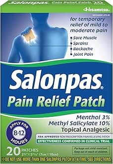 SalonpasPain Relief Patch, 20 Count (Pack of 1), Up to 12 Hours Temporary Relief of Mild to Moderate Pain, Backache, Sore Muscle, Sprains, Bruises