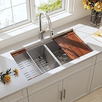 32 Inch Undermount Workstation Double Bowl Kitchen Sink 16 Gauge Stainless Steel 50/50 Deep Sinks with Ledge and Accessories 32" x 18" x 10"