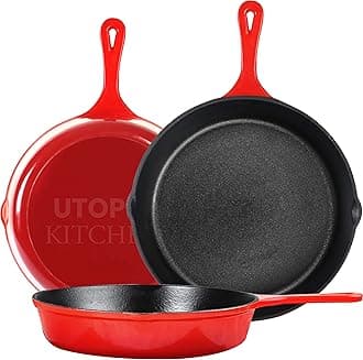 Saute Fry Pan - Pre-Seasoned Cast Iron Skillet Set 3-Piece - Frying Pan - 6 Inch, 8 Inch and 10 Inch Cast Iron Set (Red)