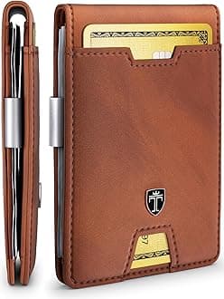 Mens Slim Wallet with Money Clip AUSTIN RFID Blocking Bifold Credit Card Holder for Men with Gift Box, Cognac Brown