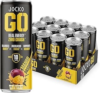 Jocko GO Energy Drink - Keto, Vitamin B12, Vitamin B6, Electrolytes, L Theanine, Magnesium- Energy Boost, Sugar Free Nootropic Monk Fruit Blend - 12 Pack (Mango Passionfruit)