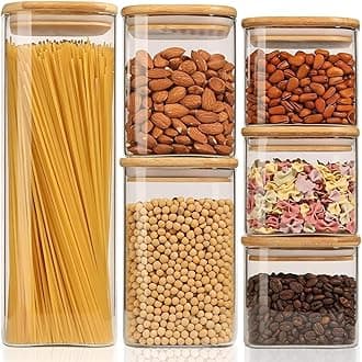 ComSaf Food Storage Containers with Airtight Lids Set of 6, Clear Glass Canister Food Jar with Sealing Lid Kitchen Pantry Storage Container for Spaghetti Pasta Sugar Flour Oat Cereal Beans, Square
