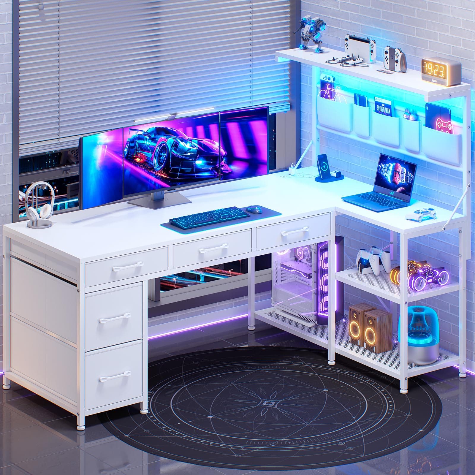 Corner Computer Desk, Reversible L Shaped Computer Desk with Fabric Drawers and Power Outlet, 47.2” Gaming Desk with LED Lights, Storage Shelves and Hutch, White