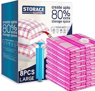 Storage Master Space Saver Bags for Travel and Home Reusable Vacuum Storage Bags Save 80% More Storage Space Work with Vacuum Cleaner + Travel Hand Pump (8 Large)