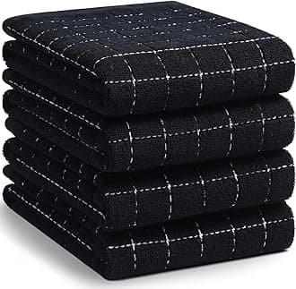 Homaxy 100% Cotton Terry Kitchen Towels(Black, 20 x 28 inches), Checkered Designed, Soft and Super Absorbent Dish Towels, Large 4 Pack