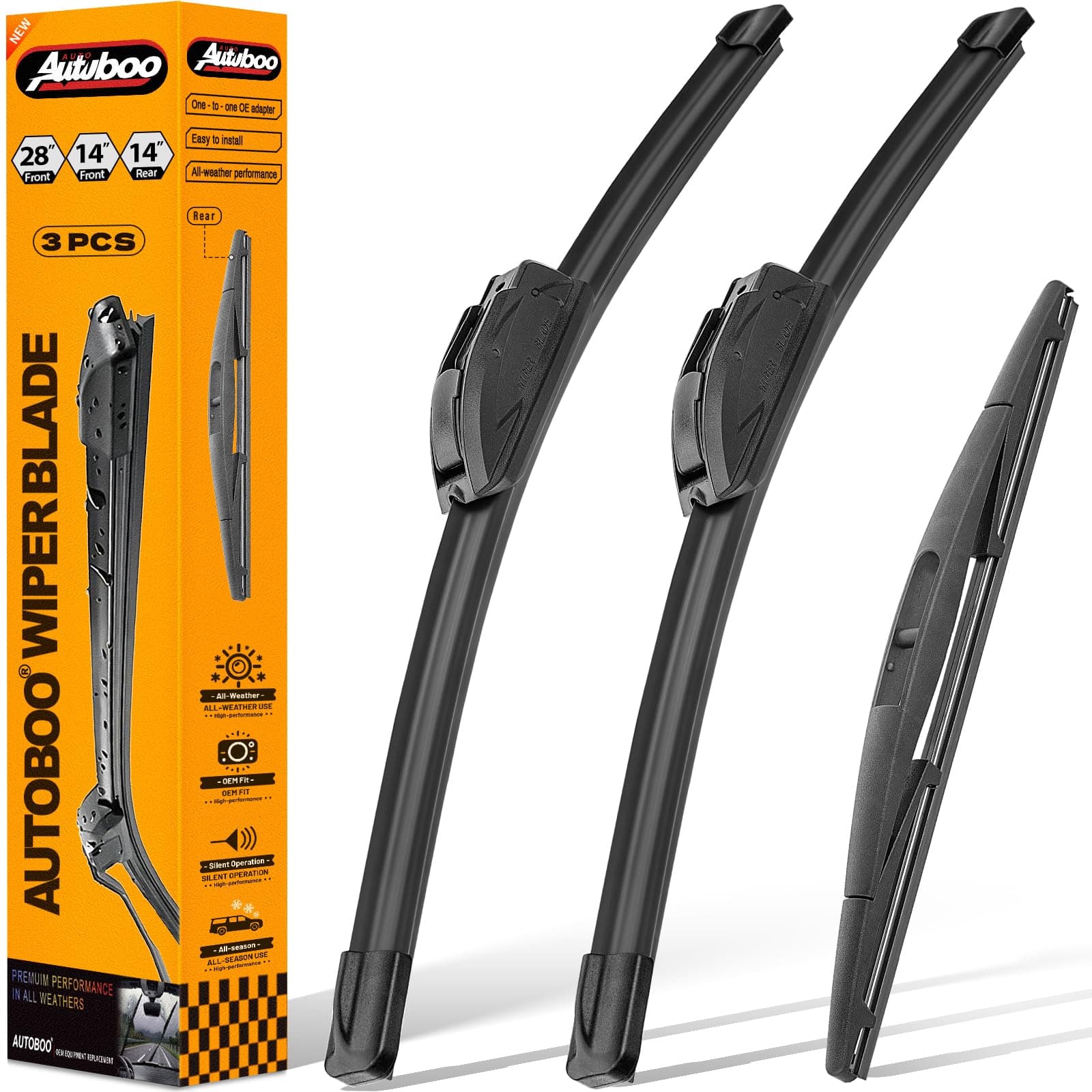 AUTOBOO 3-Pack Windshield Wiper Blades for Honda Fit 2009-2020, Original Equipment Replacement 28"+14" Front and 14" Rear, All-Weather Performance, Easy One-Click Install