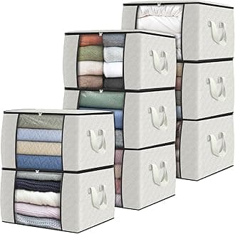 Fab totes 8 Pack Clothes Storage, Foldable Thick Fabric Blanket Storage Bags, Containers for Organizing Bedroom, Closet, Clothing, Comforter, Organization with Handle,Ivory White