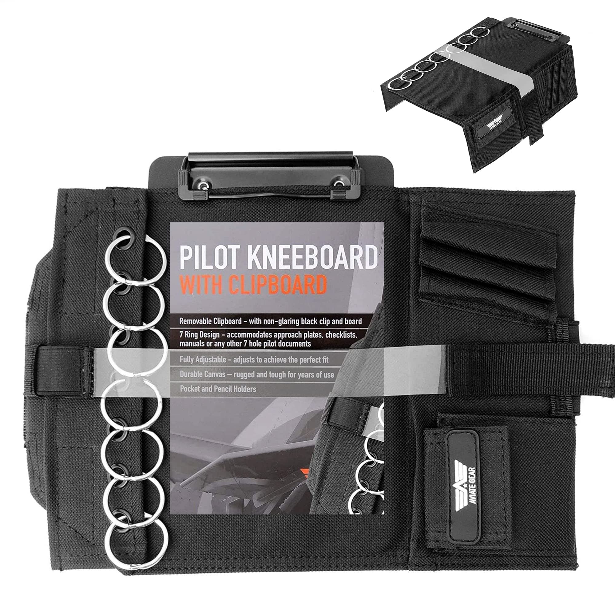 Performore Aviate Gear Pilot Kneeboard– Includes Clipboard and 7 Rings for Attaching Approach Plates and Checklists
