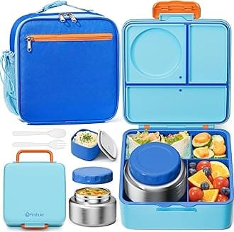Fimibuke Kids Bento Lunch Box with Food Jar, Leakproof Toddler Bento Box with 8.5OZ Insulated Food Jar, Lunch Bag & Utensils BPA Free Dishwasher Safe 3 or 4 Compartment Container for School Girls Boys