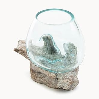 Glass Aquarium on White Driftwood - Elegant Handcrafted Tabletop Decor with Unique Melted Glass Design | Perfect for Home & Office (Small)