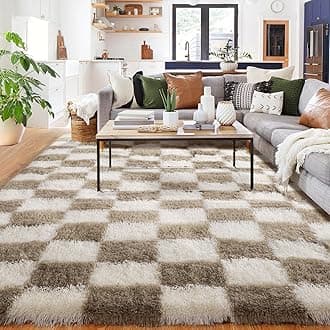 Checkered Rug for Bedroom, 120x180cm Beige and White Living Room Area Rugs for Kids Baby Room, Nursery, Dorm, Lounge, Soft Fluffy Plush Fuzzy Checkerboard Floor Carpet