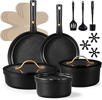 20pcs Pots and Pans Set Non Stick, Nonstick Cookware Set, Dishwasher/Oven/Fridge Safe Pots and Pans, Removable Handle RV Cookware, Induction Kitchen Set, Black