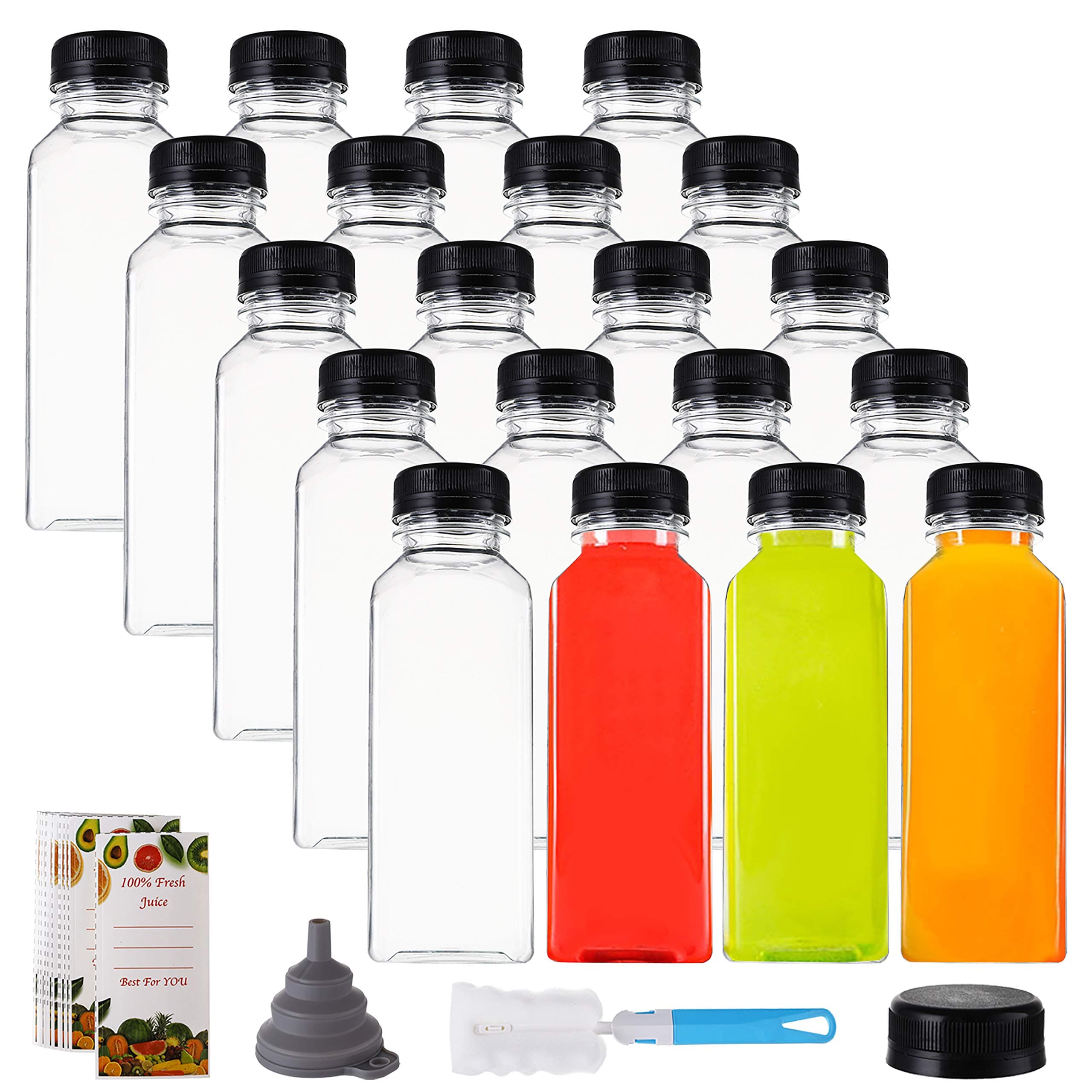 Cedilis 20 Pack 350ml Plastic Juice Bottles with Black Cap, Clear Reusable Containers with Lids, Great Disposable Bottles for Making Juice, Milk, Salad Dressing, Smoothie and Other Beverages