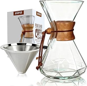 AGOGO Pour Over Coffee Maker Glass - 10 Cup Barista Kit with 304 Stainless Filter for Home, Office, Camping, Cafes - Easy Clean Coffee Dripper Set (Towel&Brush Included) (10 Cup/34 oz-Diamond Shape)