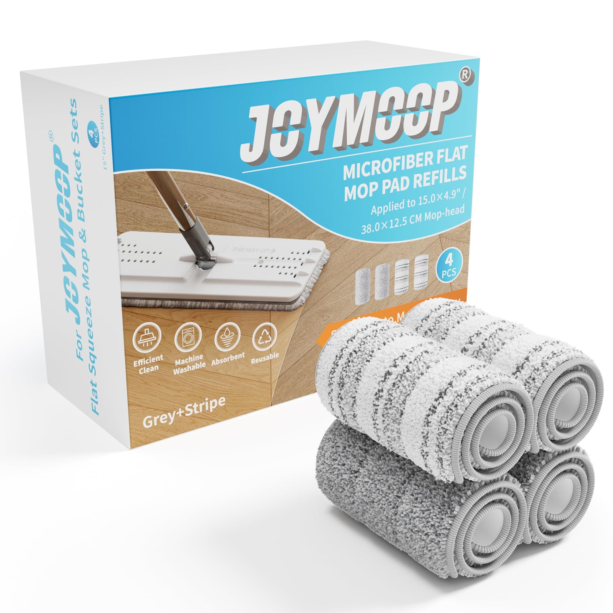 JOYMOOP Large Flat Mop Pad, Microfiber Mop pad, Washable Pads, Mop Replacement Pads, 15" Long Refill 4 Pack - Grey and Stripe