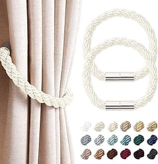 NICEEC 2 Pack Strong Magnetic Curtain Tiebacks Modern Simple Style Drape Tie Backs Convenient Decorative Weave Rope Curtain Holdbacks for Thin or Thick Home & Office Window Draperies (Cream)