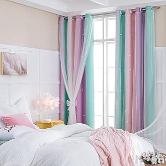 XiDi Curtains for Bedroom Decor, Rainbow Pink Purple Green 34/54/1