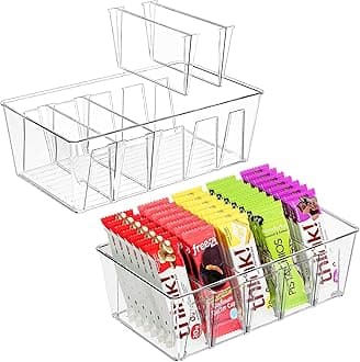 2 Pack Pantry Organization and Storage Bins for Kitchen Fridge Countertop Cabinet, Stackable Clear Plastic Storage Racks with Removable Dividers, 5 Compartments for Snacks Packets Spices