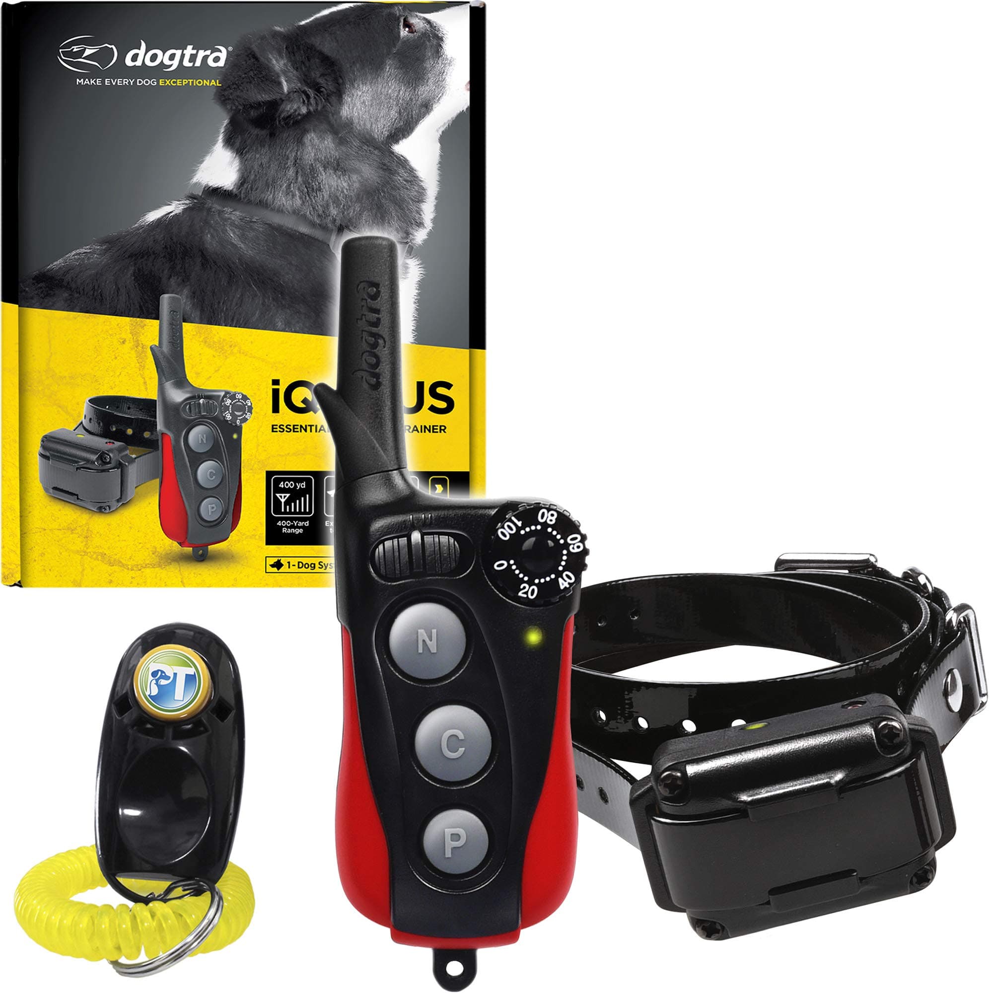 DogtraIQ Plus+ 1-Dog Remote Training Collar - 400 Yard Range, Waterproof, Rechargeable, Static, Vibration - Includes PetsTEK Dog Training Clicker