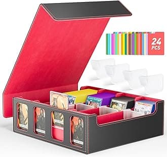 Flooyes Card Storage Box for Trading Cards with 4 Card Supporters, 3200+ MTG Deck Box with 24 Colorful Dividers, Commander Trading Card Storage Box with Viewing Windows for Magic Game Cards, Red