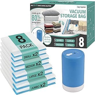Cozy Essential Travel Vacuum Storage Bags with Rechargeable Cordless USB Pump, Space Saver Bags for Luggage, Suitcase, Carry-On, for Clothes, Blankets, Bedding & Seasonal Storage,8 Combo