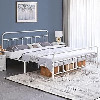 TopeakmartCalifornia King Size Victorian Style Metal Bed Frame with Headboard/Mattress Foundation/No Box Spring Needed/Under Bed Storage/Strong Slat Support White