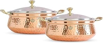 Indian Art Villa Steel Copper Hammered Design Handi/Bowl/Casserole with Toughened Glass Lid & Brass Knob & Handles, Volume-500 ml, Pack of 2